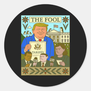 Pegatina Redonda Tarjeta de Tarot de Trump El Loco Impone Arancel a