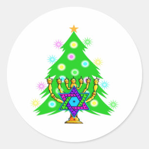 Pegatina Redonda Tarjeta de vacaciones Chanukkah y Navidades