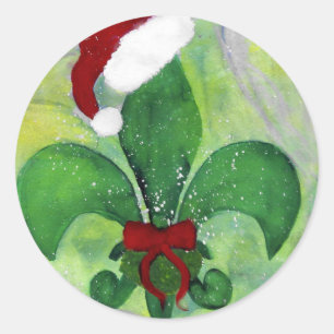 Pegatina Redonda Tarjeta de vacaciones de Santa Navidad Fleur de li