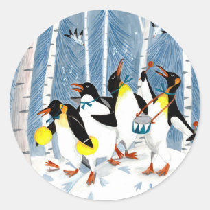 Pegatina Redonda Tarjeta de vacaciones divertida con pingüinos músi