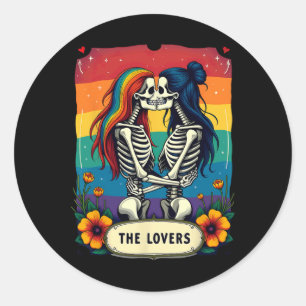 Pegatina Redonda Tarjeta del Tarot Amantes Esqueletos Lesbianos Bes