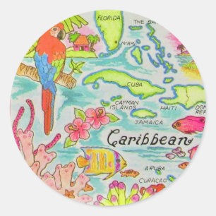 Pegatina Redonda Tarjeta postal del mapa de la isla del Caribe