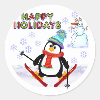 Pegatina Redonda Tarjetas de esquí de pingüino