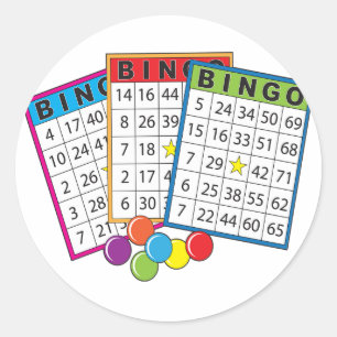 Pegatina Redonda Tarjetas de juego de bingo coloridas con fichas
