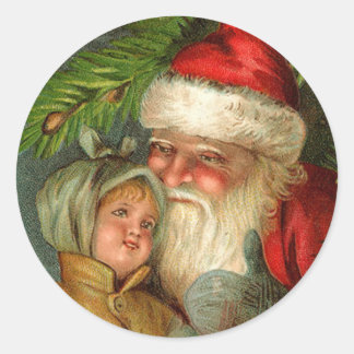 Pegatina Redonda Tarjetas de Navidades de arte de Santa y Niño BFF