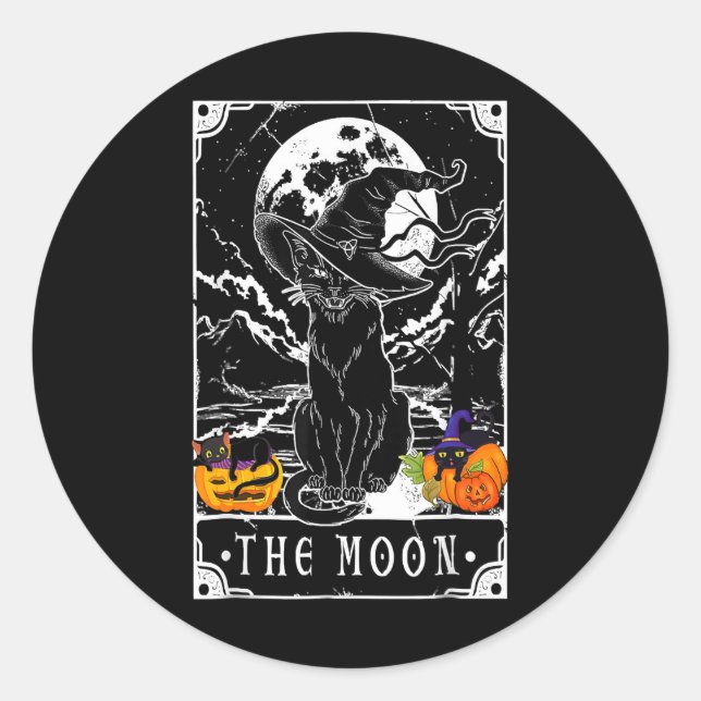 Pegatina Redonda Tarot Card Crescent Moon Y Black Cat Witch Gorra H (Anverso)