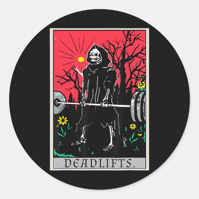 Pegatina Redonda Tarot Card Graciosa Gym Deadlifos de entrenamiento (Anverso)