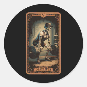 Pegatina Redonda Tarot Card Skeleton Deadlifts de elevación de pesa