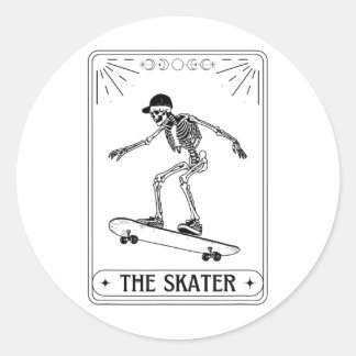 Pegatina Redonda Tarot Card The Skater Skeleton Halloween Skateboar