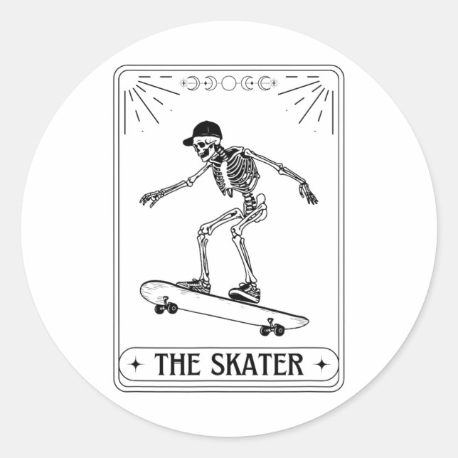 Pegatina Redonda Tarot Card The Skater Skeleton Halloween Skateboar (Anverso)