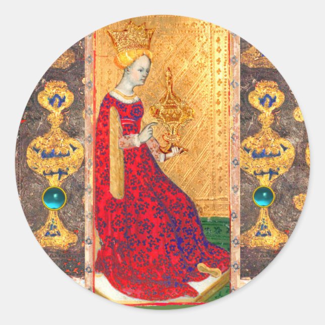 PEGATINA REDONDA TAROTES DE RENACIMIENTO ANTIGUO / REINA DE CUPAS (Anverso)
