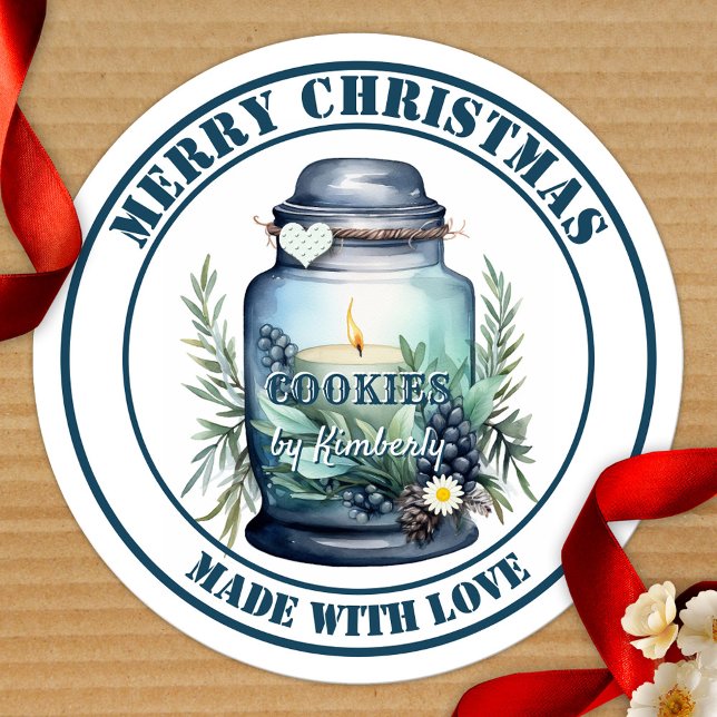 Pegatina Redonda Tarrito de galletas de Navidad con acuarela (Christmas sticker featuring a watercolor design of a seasonal jar with candle - for homemade cookies)