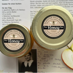 Pegatina Redonda Tarrito de miel negra Kraft Vintage Bee Hecho con 