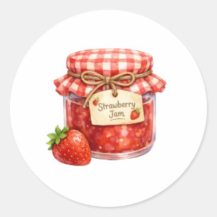 Pegatina Redonda Tarro de acuarela con mermelada de fresa fresca