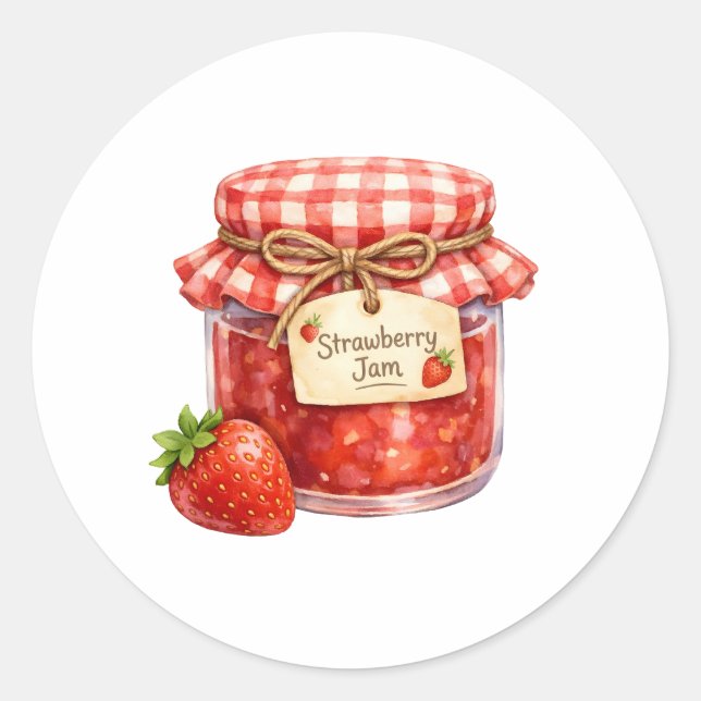 Pegatina Redonda Tarro de acuarela con mermelada de fresa fresca (Anverso)
