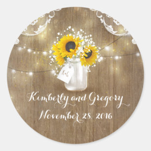 Pegatina Redonda Tarro de albañil rústico del girasol y de la