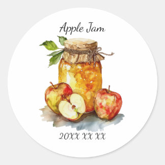 Pegatina Redonda Tarro de mermelada de manzana y acuarela de manzan