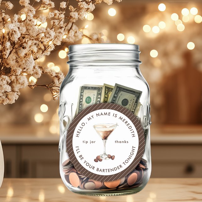 Pegatina Redonda Tarro de propinas para camarero Martini de espress (Bartender Espresso Martini Cocktail Theme Elegant Stripes Personalized Tip Jar)