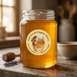 Pegatina Redonda Tarro de Vidrio de Abeja de Miel Acuarela Rústico