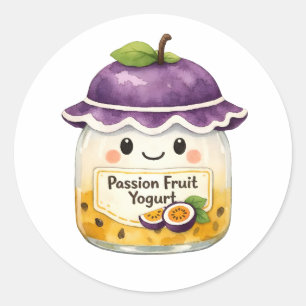 Pegatina Redonda Tarro de yogur de maracuyá con sombrero en acuarel