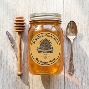 Pegatina Redonda Tarros de Miel de Abeja Apícola   Miel Orgánica Cr