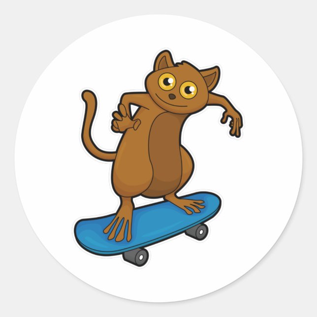 Pegatina Redonda Tarsier como Skater con Skateboard (Anverso)