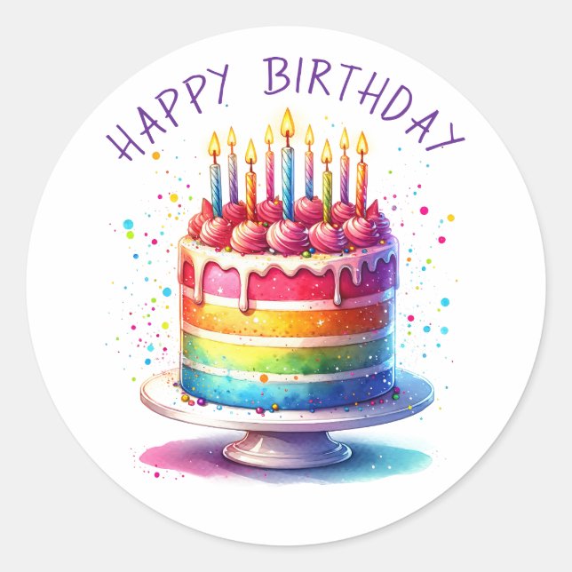 Pegatina Redonda Tarta Arcoíris Feliz Cumpleaños (Anverso)