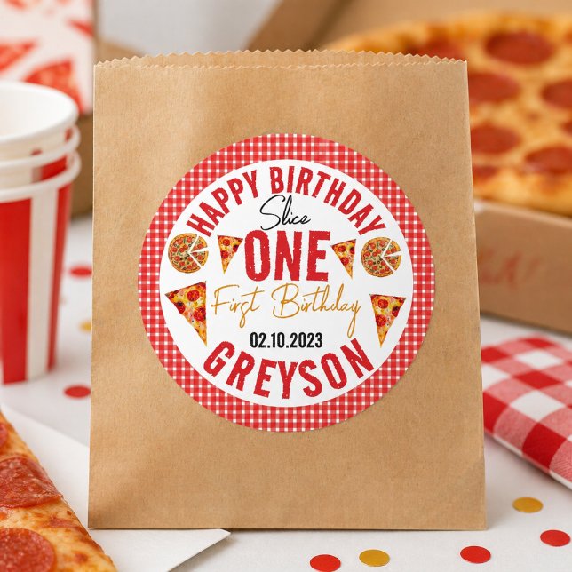 Pegatina Redonda Tarta De Cumpleaños 1º De Bebé Pizza Moderna (Modern Slice Slice Baby Pizza 1st Birthday Classic Round Sticker)