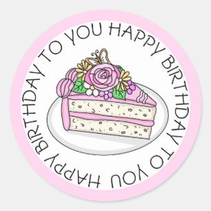 Pegatina Redonda Tarta de cumpleaños coronada con rosas y flores