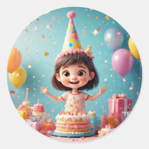 Pegatina Redonda Tarta de Cumpleaños de Niña Alegre Fiesta 🎉