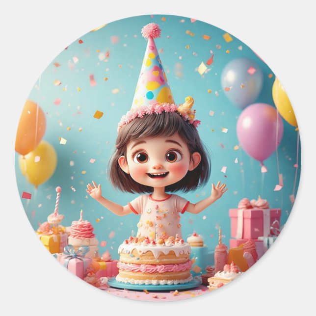 Pegatina Redonda Tarta de Cumpleaños de Niña Alegre Fiesta 🎉 (Anverso)