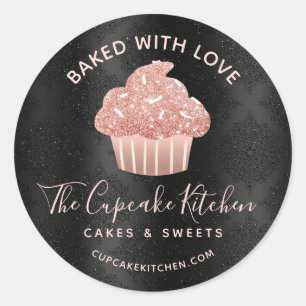 Pegatina Redonda Tarta De Cupcake Con Brillo De Oro Rosa Horneada C
