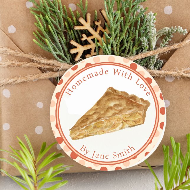 Pegatina Redonda Tarta De Manzana Al Acuarela Rústica Casera (Decorate your food gifts with this lovely watercolor apple pie illustration!)