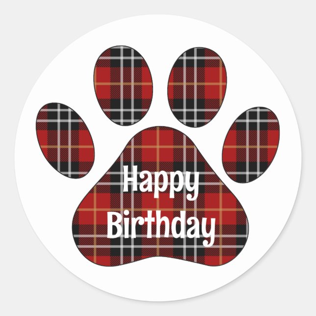 Pegatina Redonda Tartan Plaid Birthday Pawprints (Anverso)