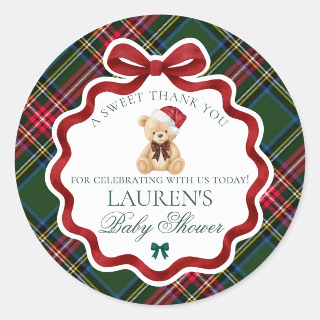 Pegatina Redonda Tartan Plaid Christmas Bear Baby Shower Favor (Anverso)