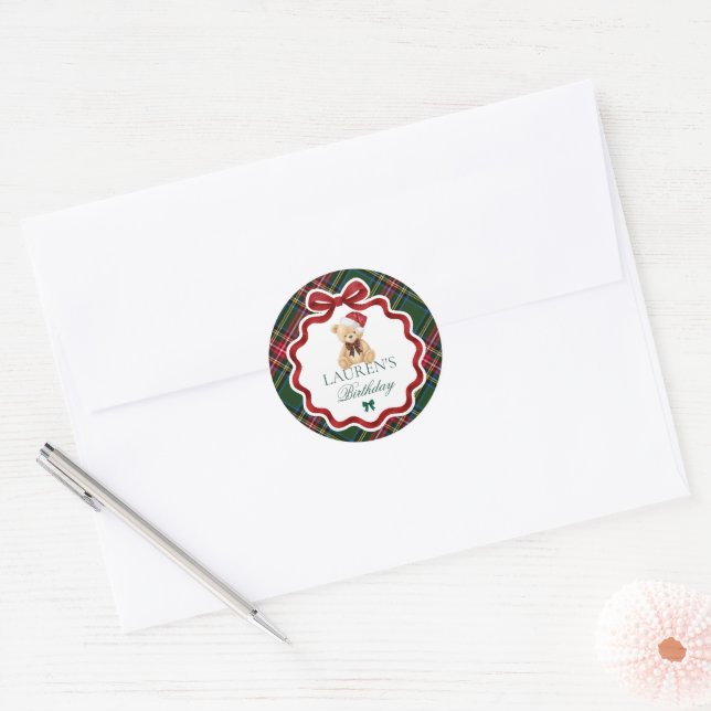 Pegatina Redonda Tartan Plaid Christmas Bear Birthday Envelope Seal (Sobre)
