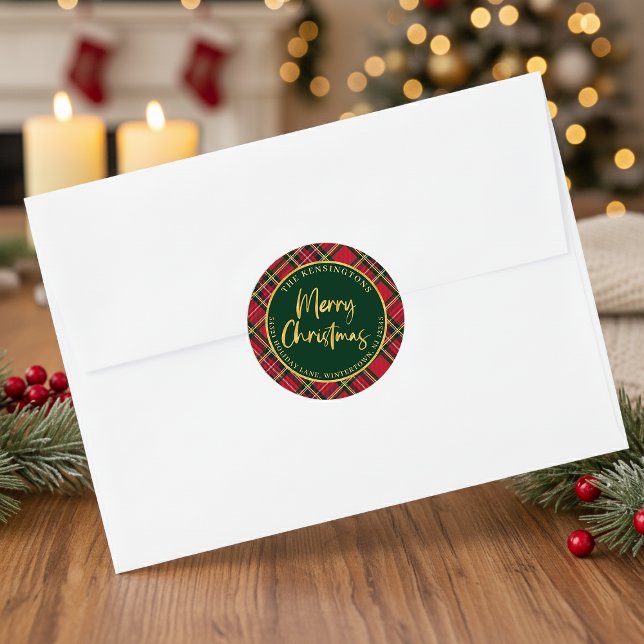 Pegatina Redonda Tartan Plaid Gold Script Navidades Dirección de de (Tartan Plaid Gold Script Christmas Return Address Round Stickers)