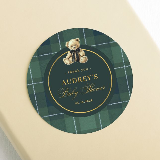 Pegatina Redonda Tartan Polo Plaid Teddy Bear Baby Shower Thank You (Subido por el creador)