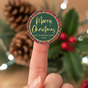 Pegatina Redonda Tartán Rojo Jugó Guión Dorado Feliz Navidad