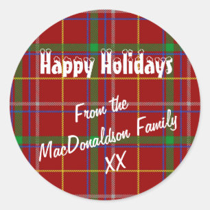 Pegatina Redonda Tartan rojo plaid feliz vacaciones de navidades