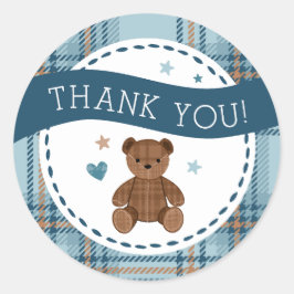 Pegatina Redonda Tartan Teddy Bear, Baby Boy Shower LARGE STICKER
