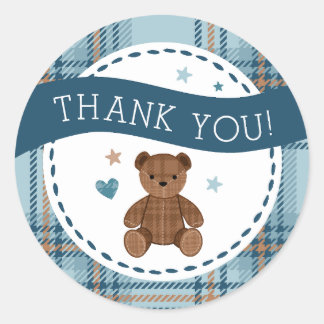 Pegatina Redonda Tartan Teddy Bear, Baby Boy Shower LARGE STICKER