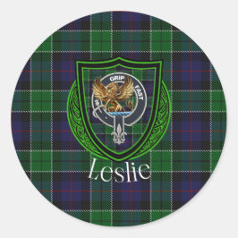 Pegatina Redonda Tartan y Cresta del Clan Escocés Leslie