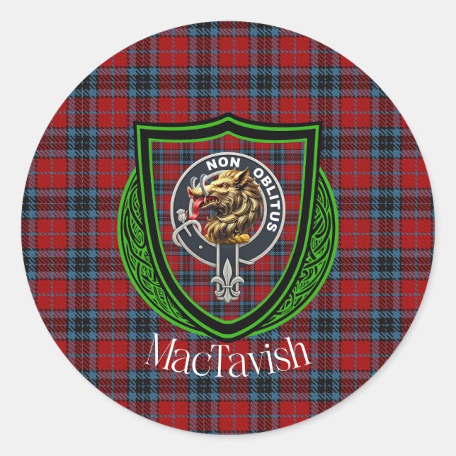 Pegatina Redonda Tartan y Cresta del Clan Escocés MacTavish (Anverso)
