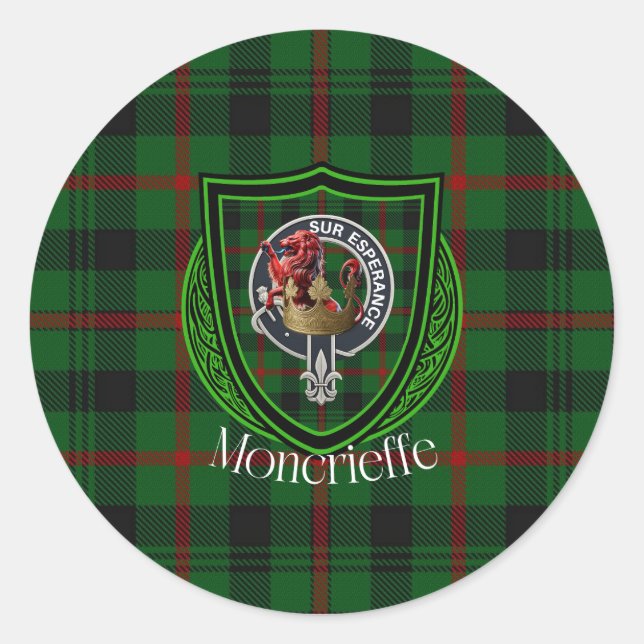 Pegatina Redonda Tartan y Cresta del Clan Escocés Moncrieffe (Anverso)