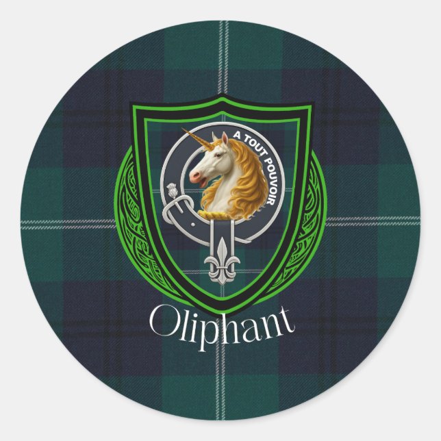 Pegatina Redonda Tartan y Cresta del Clan Escocés Oliphant (Anverso)