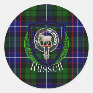 Pegatina Redonda Tartan y Cresta del Clan Escocés Russell