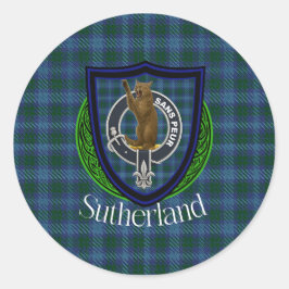 Pegatina Redonda Tartan y Cresta del Clan Escocés Sutherland