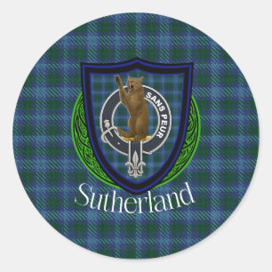 Pegatina Redonda Tartan y Cresta del Clan Escocés Sutherland