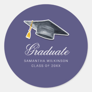 Pegatina Redonda Tassel de graduación Script Morado